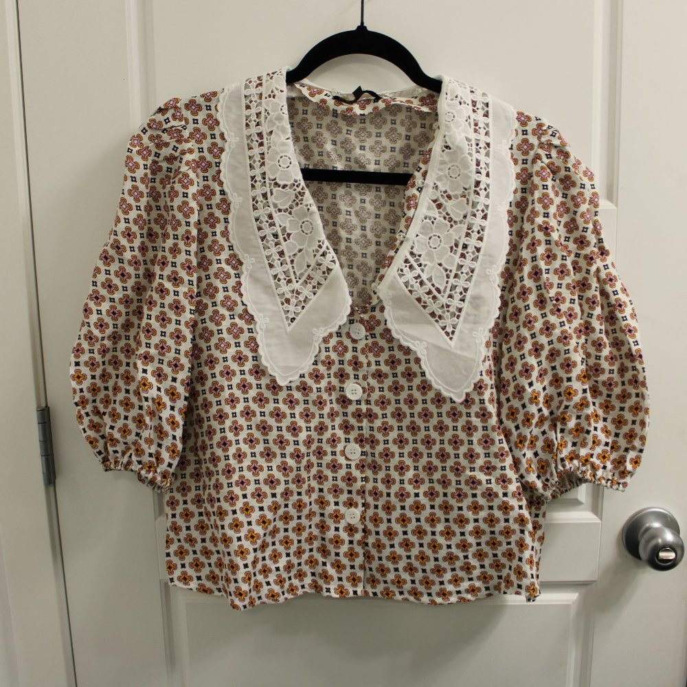 Maje Cosange Guipure Lace-Trimmed Printed Linen Blouse Size 3